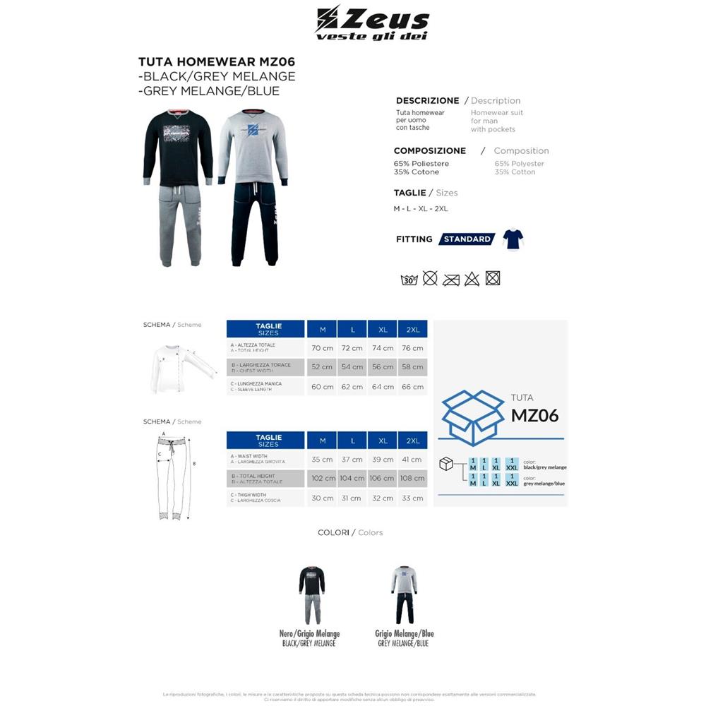 Tuta Uomo Zeus Sport Cotone Felpato Art. Mz06 : Grigio Melange \ Blue Tg L - Foto 2