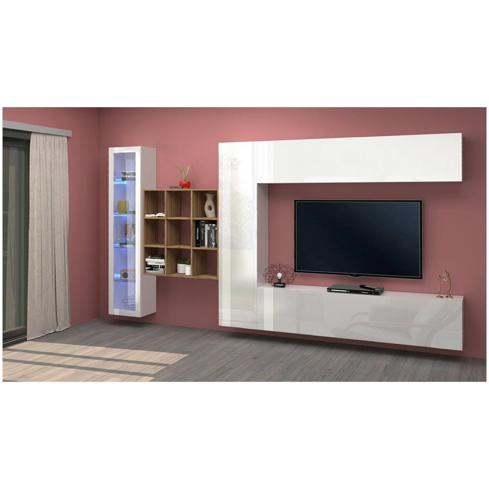 Parete Attrezzata Davis, Set Salotto Porta Tv A 4 Ante, Mobile Soggiorno Multiuso Con Vetrina E Luce Led, 100% Made In Italy, Cm 310x30h180, Bianco Lucido E Acero - Foto 1
