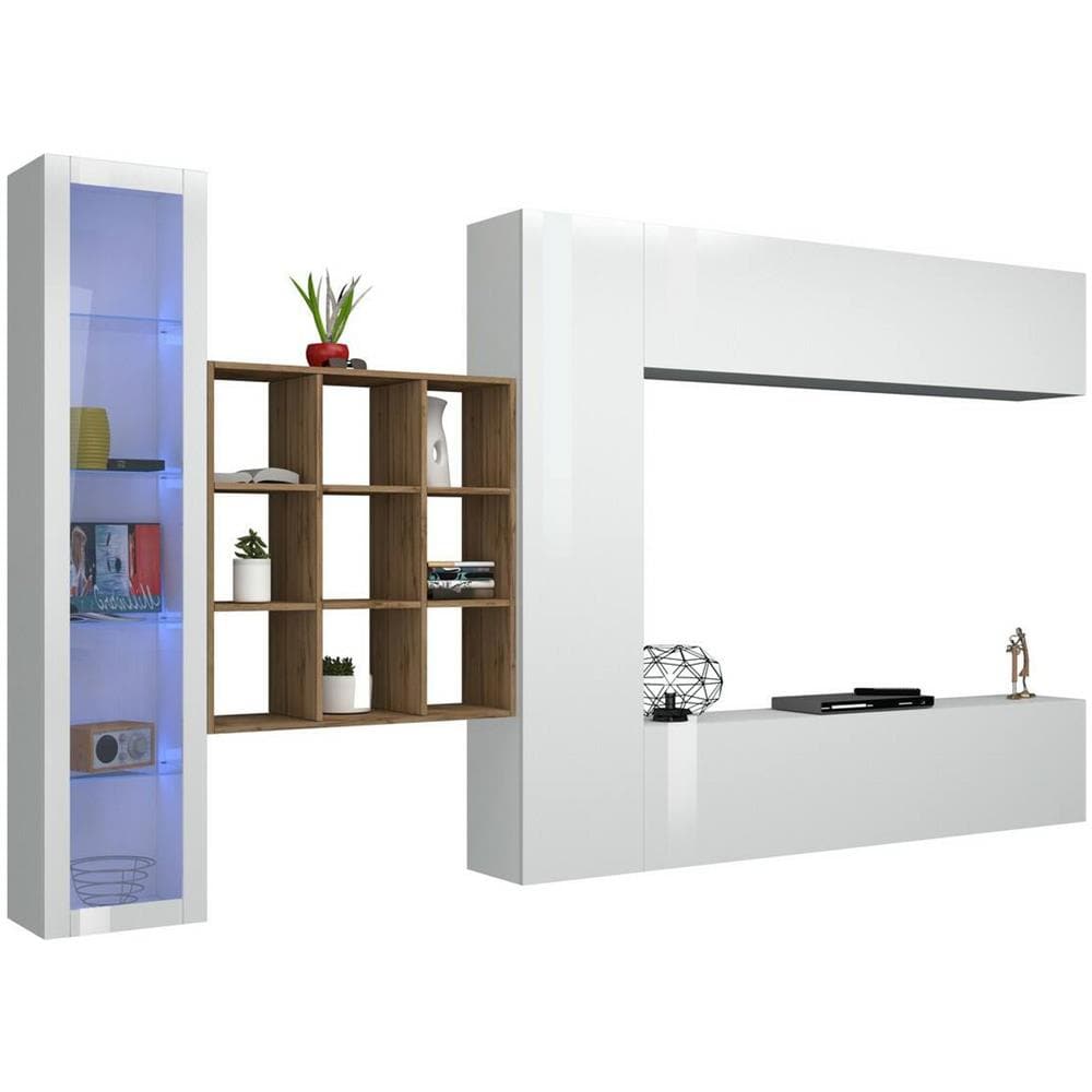 Parete Attrezzata Davis, Set Salotto Porta Tv A 4 Ante, Mobile Soggiorno Multiuso Con Vetrina E Luce Led, 100% Made In Italy, Cm 310x30h180, Bianco Lucido E Acero - Foto 2