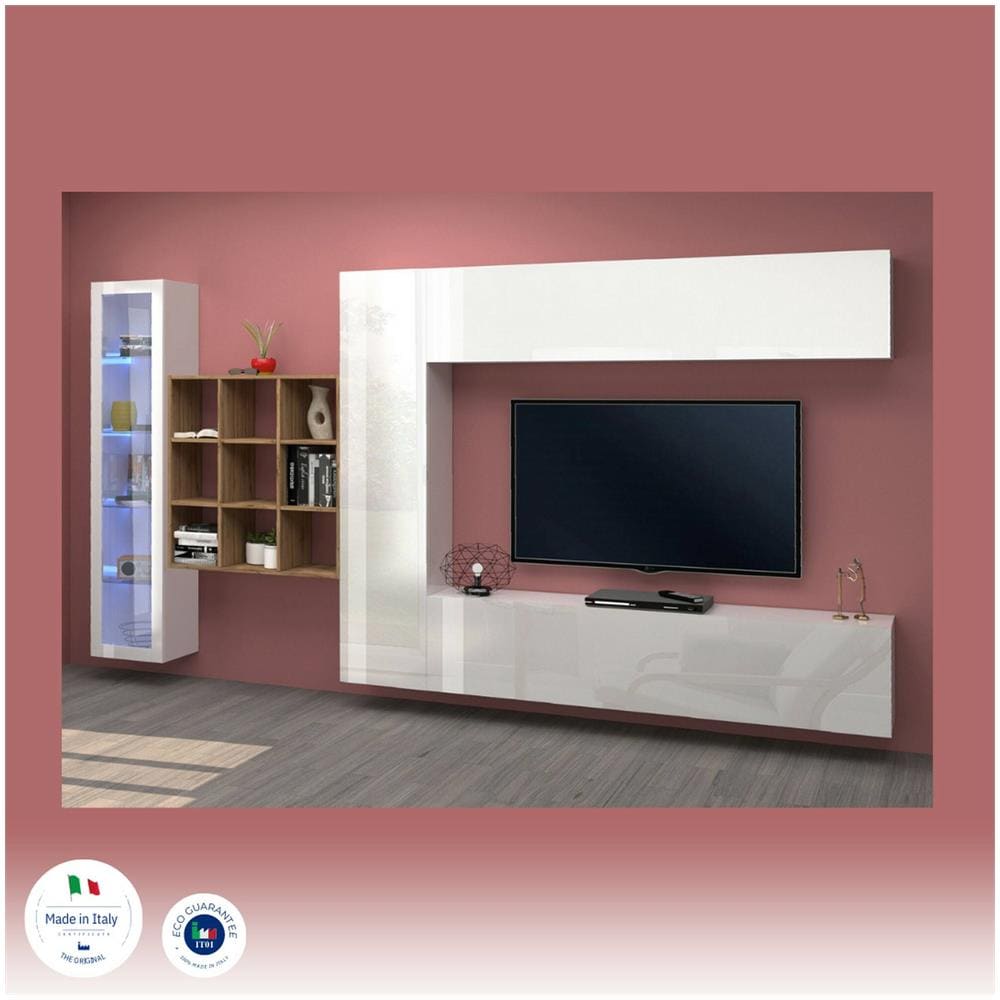 Parete Attrezzata Davis, Set Salotto Porta Tv A 4 Ante, Mobile Soggiorno Multiuso Con Vetrina E Luce Led, 100% Made In Italy, Cm 310x30h180, Bianco Lucido E Acero - Foto 4