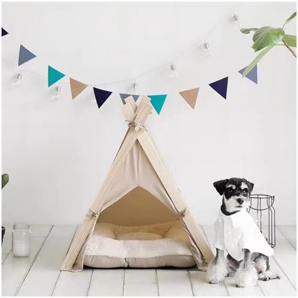 Tenda da Gioco per Animali Domestici Interni o Esterni in Legno e Tessuto Beige - Foto 5
