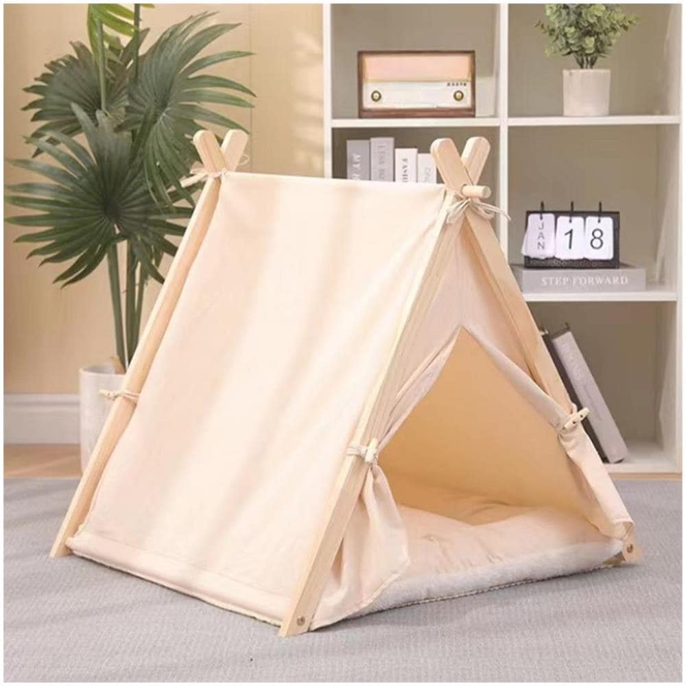 Tenda da Gioco per Animali Domestici Interni o Esterni in Legno e Tessuto Beige - Foto 1