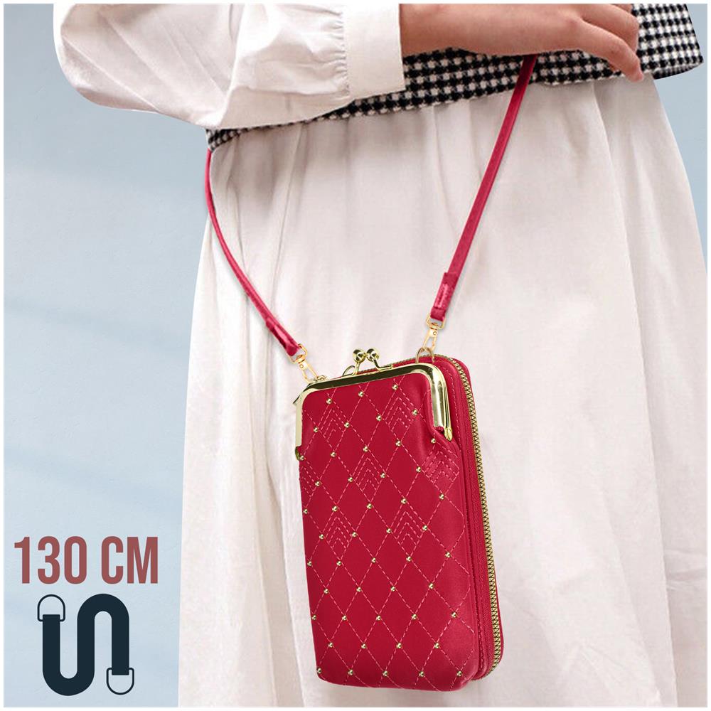 Pochette Tracolla Per Smartphone Trapuntata Effetto Rombi Borchie Fragola - Foto 5