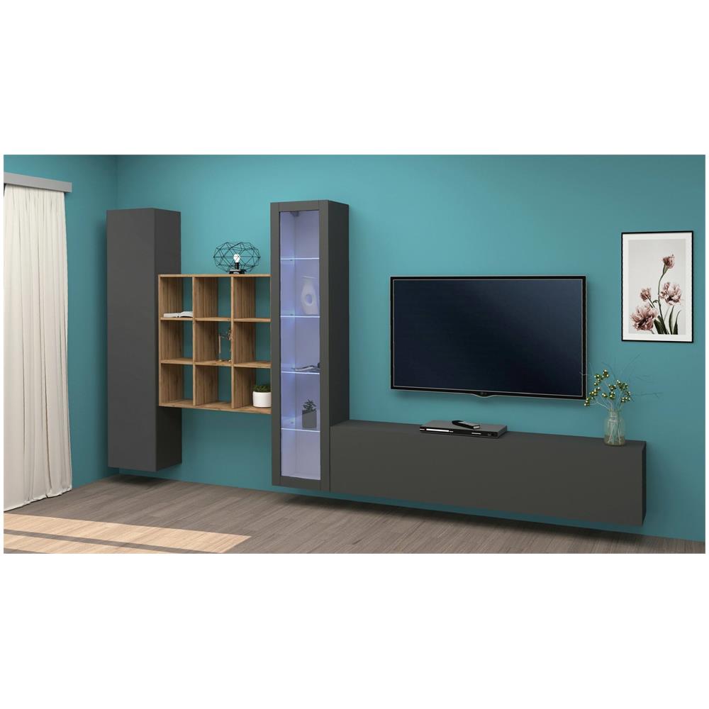 Parete Attrezzata Davis, Set Salotto Porta Tv A 4 Ante, Mobile Soggiorno Multiuso Con Vetrina E Luce Led, 100% Made In Italy, Cm 310x30h180, Antracite E Acero - Foto 1