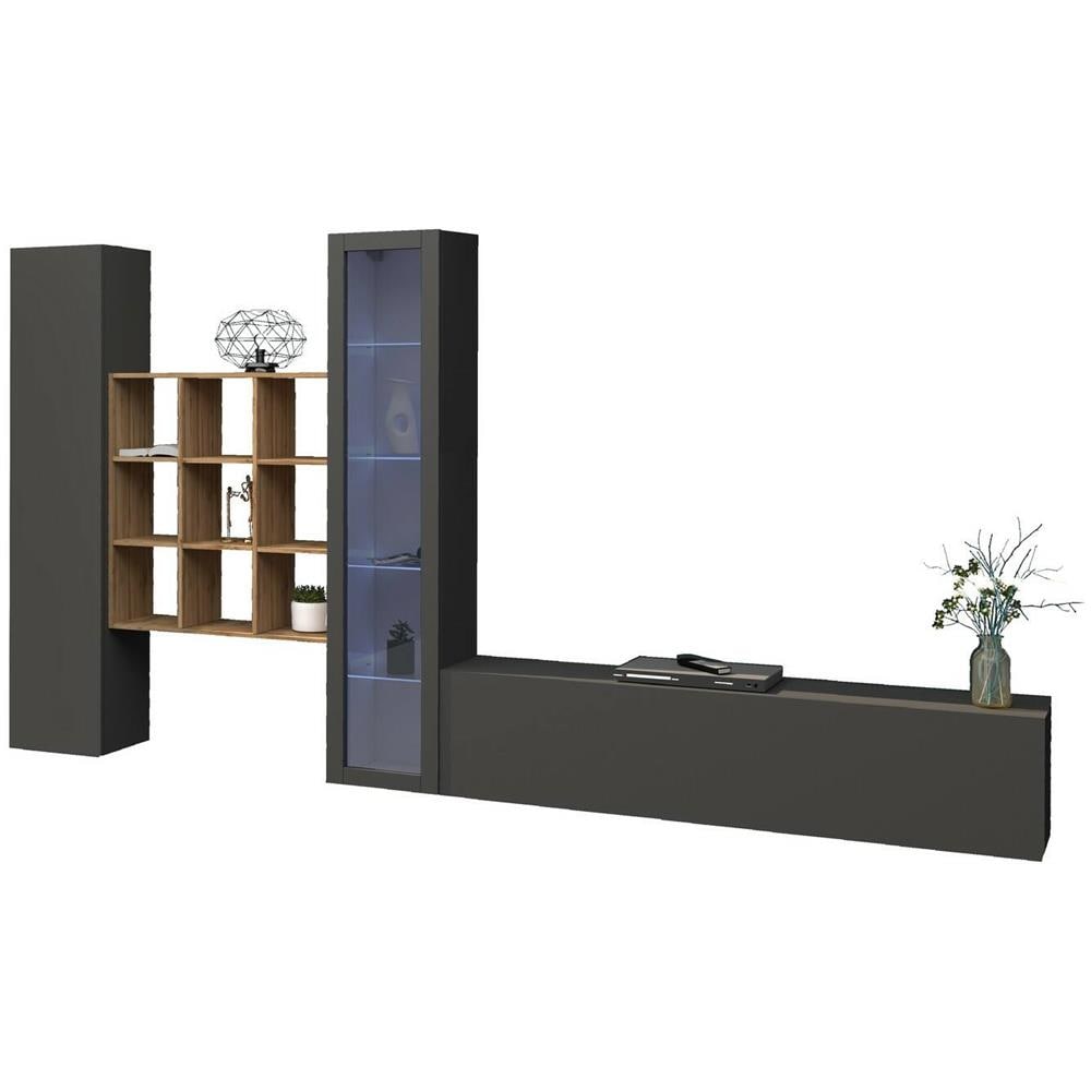Parete Attrezzata Davis, Set Salotto Porta Tv A 4 Ante, Mobile Soggiorno Multiuso Con Vetrina E Luce Led, 100% Made In Italy, Cm 310x30h180, Antracite E Acero - Foto 2