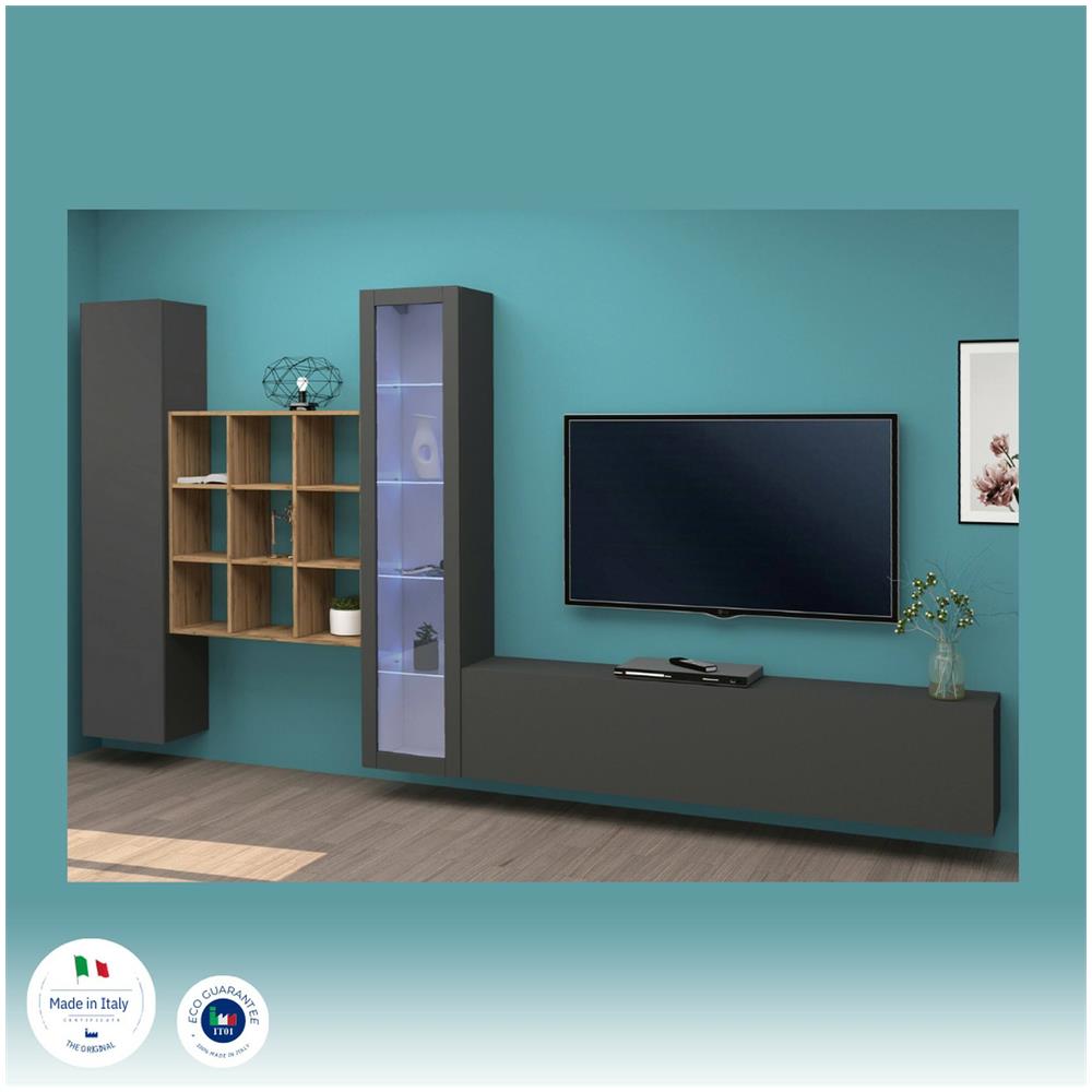 Parete Attrezzata Davis, Set Salotto Porta Tv A 4 Ante, Mobile Soggiorno Multiuso Con Vetrina E Luce Led, 100% Made In Italy, Cm 310x30h180, Antracite E Acero - Foto 4