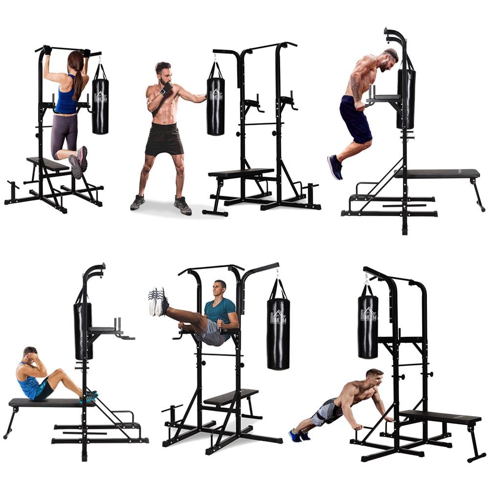 Power Tower Con Panca E Sacco Da Boxe Da 20kg Stazione Multiuso In Acciaio Nero - Foto 2