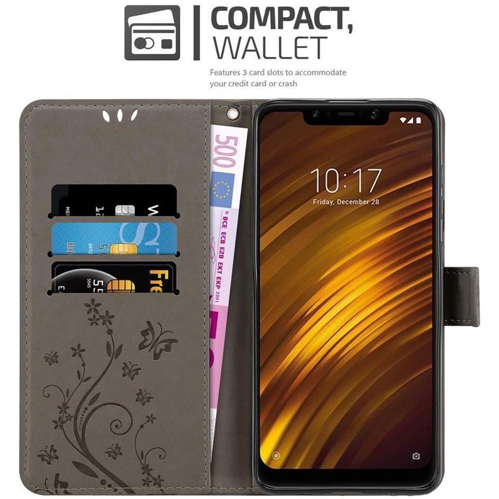 Custodia Compatibile Con Xiaomi Pocophone F1 In Grigio Fiore - Coperchio Protettivo In Design Floreale Con Chiusura Magnetica, Funzione Stand E Slot Per Carte - Foto 2