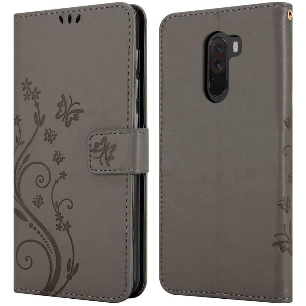 Custodia Compatibile Con Xiaomi Pocophone F1 In Grigio Fiore - Coperchio Protettivo In Design Floreale Con Chiusura Magnetica, Funzione Stand E Slot Per Carte - Foto 8
