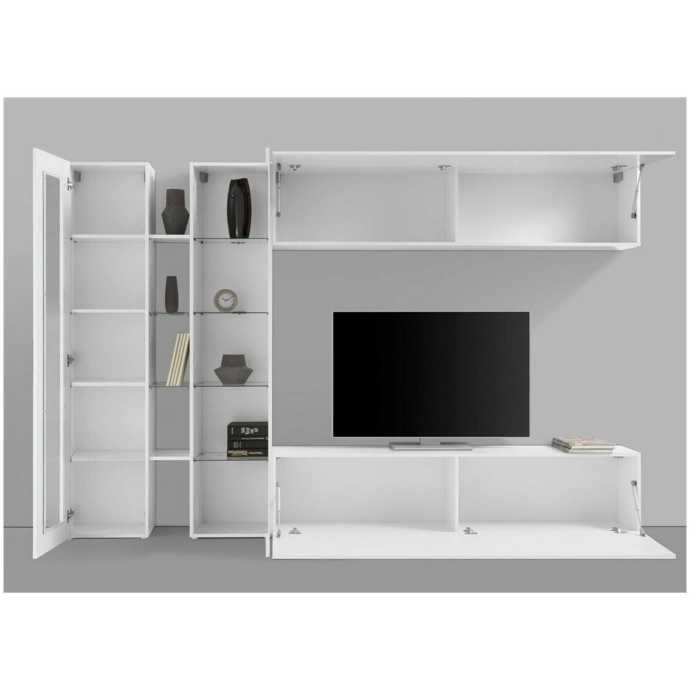 Parete Attrezzata Costante, Set Salotto Porta Tv A 4 Ante, Mobile Soggiorno Multiuso, 100% Made In Italy, Cm 280x30x180, Bianco Lucido - Foto 4