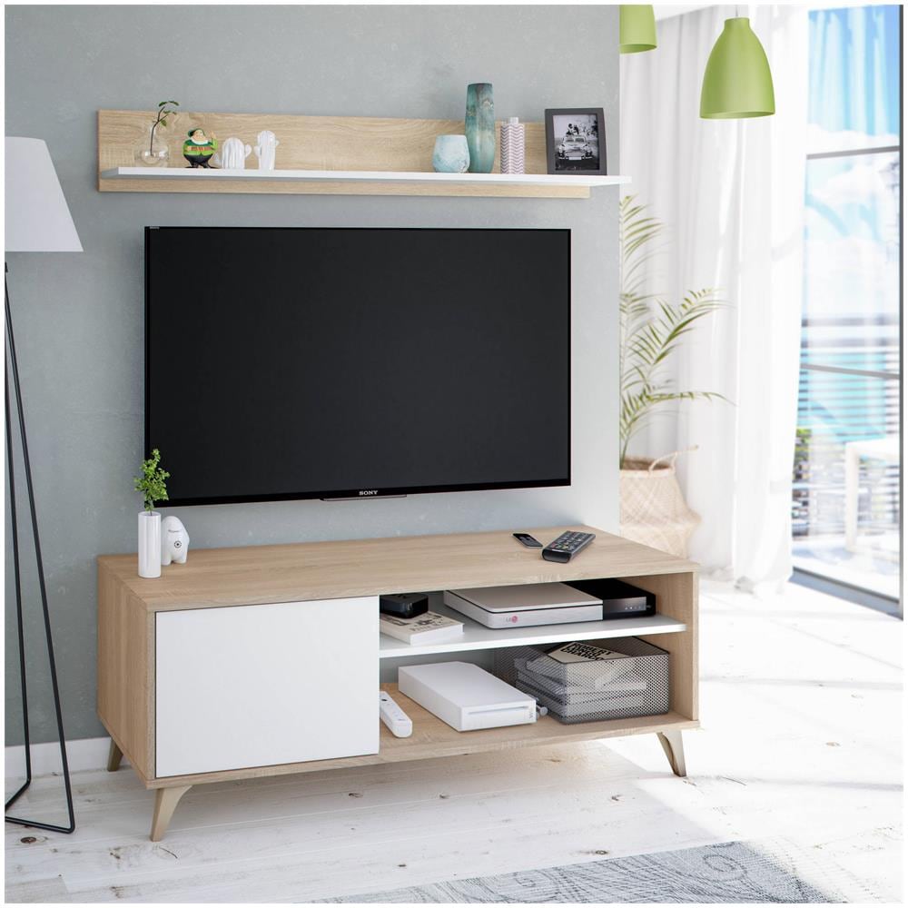 Mobile Porta Tv Mesa, Credenza Per Televisione Da Soggiorno Con 1 Anta, Supporto Tv Da Salotto, Madia Di Design, 135x40h50 Cm, Rovere - Foto 1
