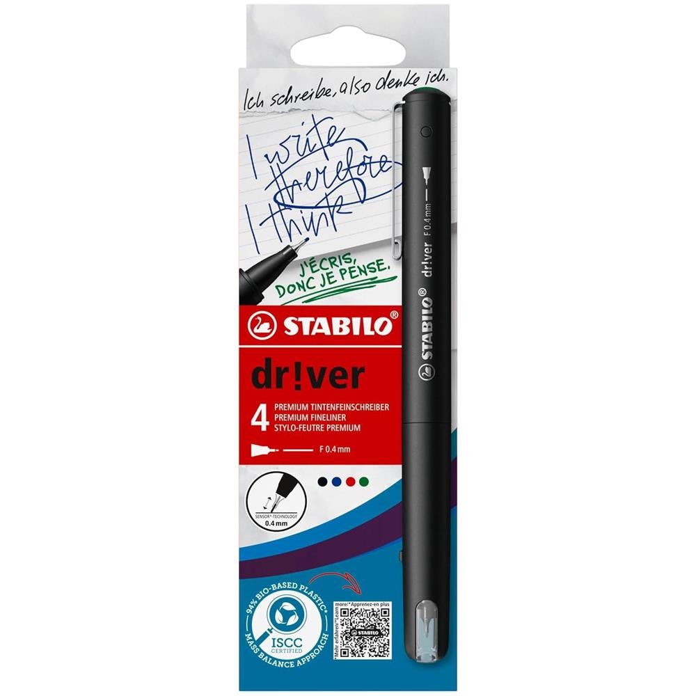dr!ver - Fineliner Premium - Tratto Fine (0,4 mm) - Astuccio da 4 - Verde, Rosso, Blu, Nero - Foto 1