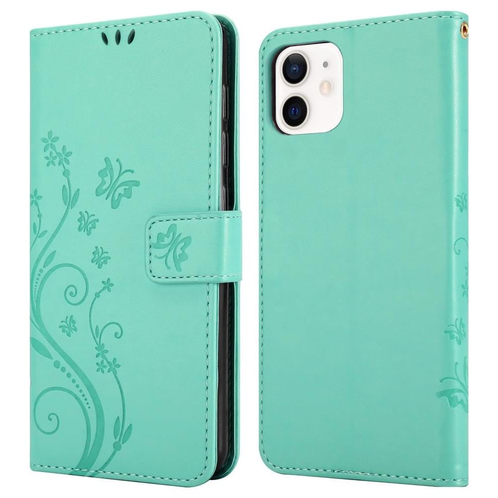 Custodia Compatibile Con Apple Iphone 12 Mini (5,4"" Zoll) In Turchese Fiore - Coperchio Protettivo In Design Floreale Con Chiusura Magnetica, Funzione Stand E Slot Per Carte - Foto 8