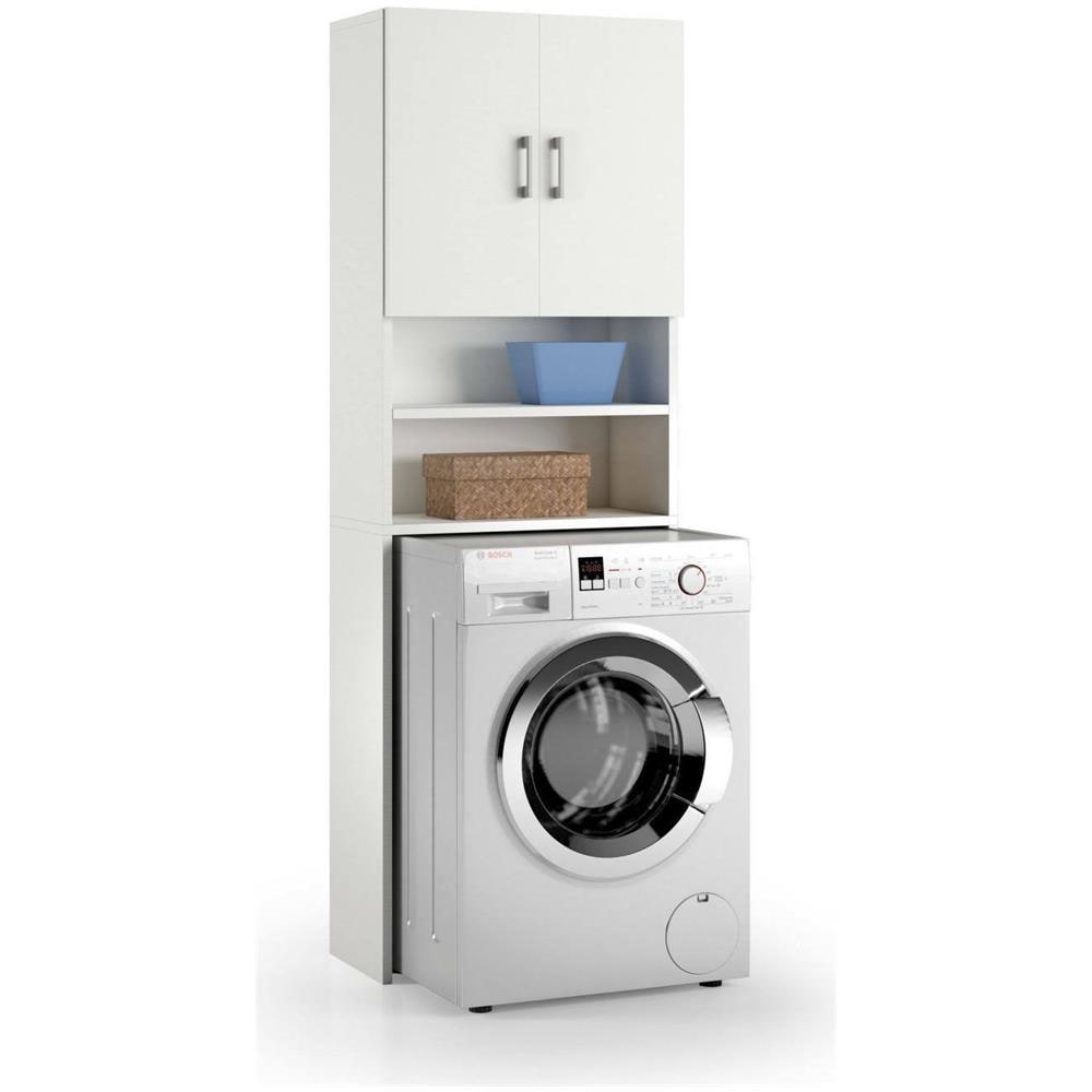 Armadio Multiuso Anemone, Mobile Lineare A 2 Ante Battenti E Ripiani, Mobile Per Lavanderia Portalavatrice, 100% Made In Italy, 65x32h195 Cm, Bianco - Foto 2