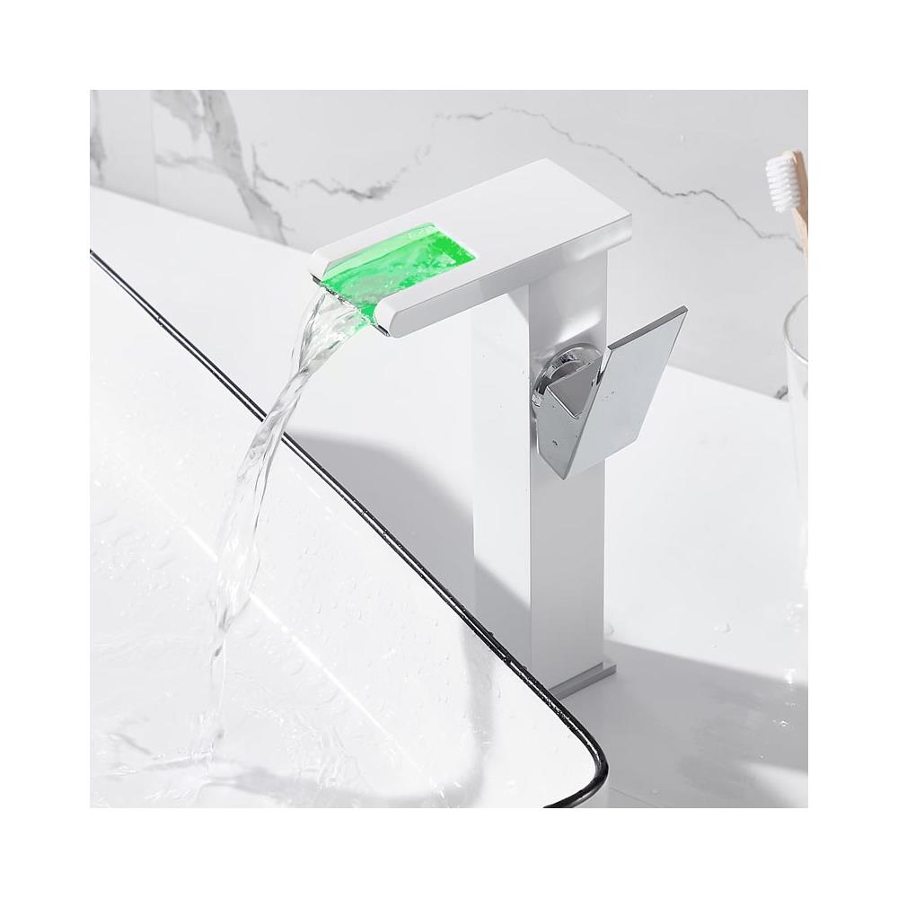 Rubinetto per lavabo da bagno, Blackswan, tipo M299, modello alto bianco con bocca a cascata e LED, misura 24 cm - Foto 4