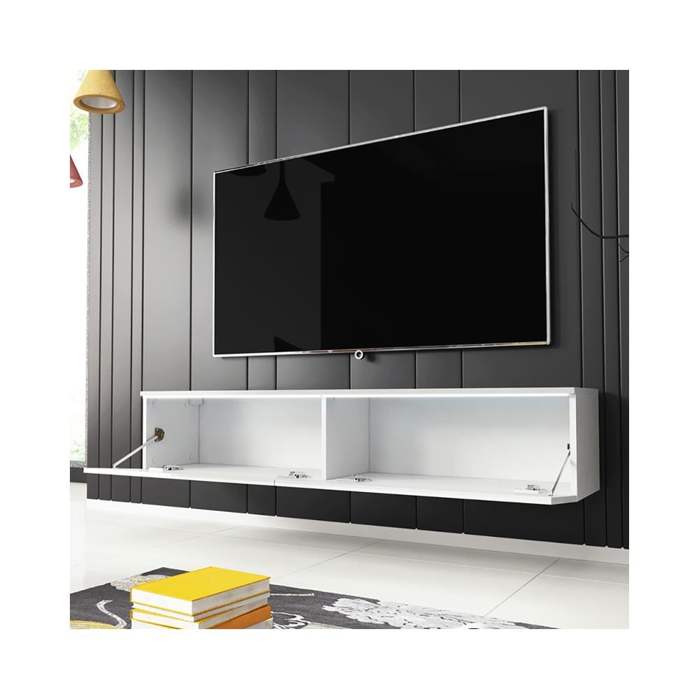 Kane - Mobile Tv Sospeso / Stile Scandinavo / Tavolino Tv Per Salotto / Porta Tv A Parete / Opzionali Luci Led (140 Cm, Bianco Opaco / Bianco Lucido, Con Led)  - Foto 2