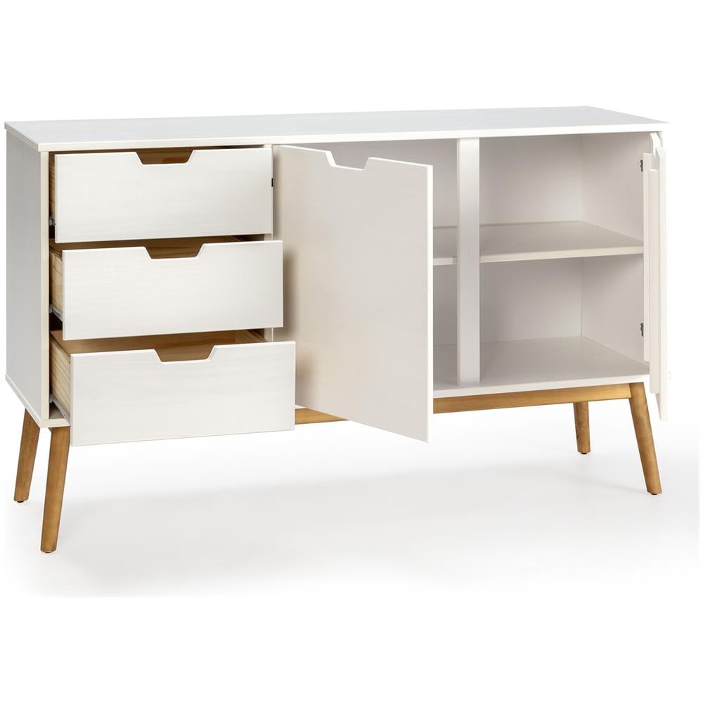 Credenza Baku 3 Cassetti E 2 Porte Bianco, Pino Massiccio, 140 Cm Larghezza - Foto 2