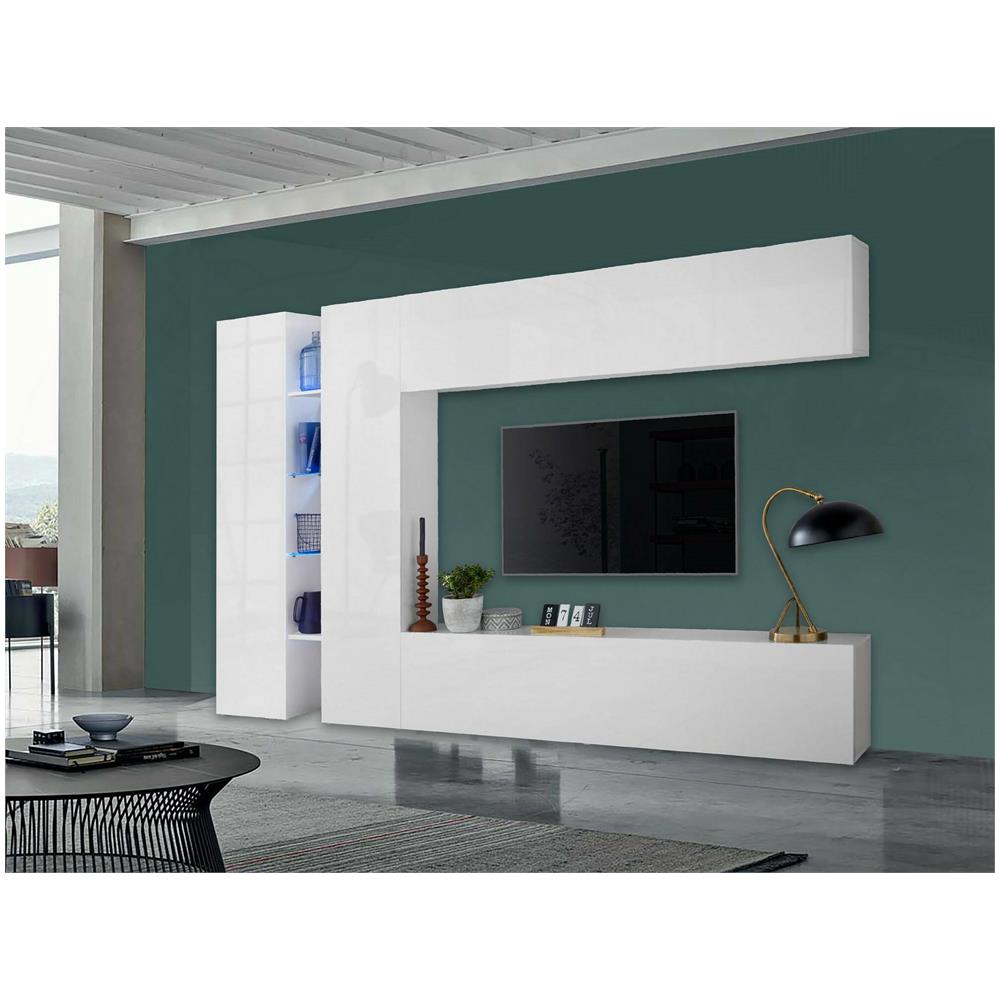 Parete Attrezzata Costanzo, Set Salotto Porta Tv A 4 Ante, Mobile Soggiorno Multiuso, 100% Made In Italy, Cm 280x30x180, Bianco Lucido - Foto 1
