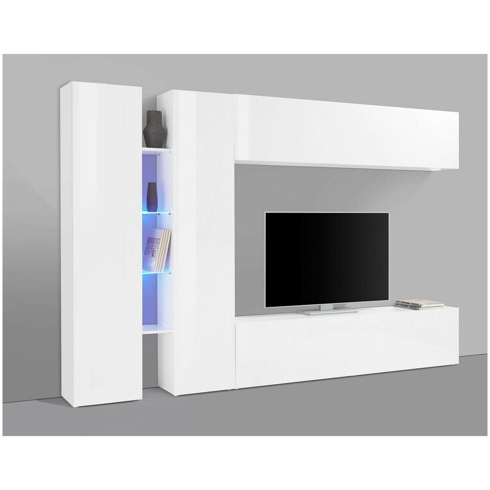Parete Attrezzata Costanzo, Set Salotto Porta Tv A 4 Ante, Mobile Soggiorno Multiuso, 100% Made In Italy, Cm 280x30x180, Bianco Lucido - Foto 4
