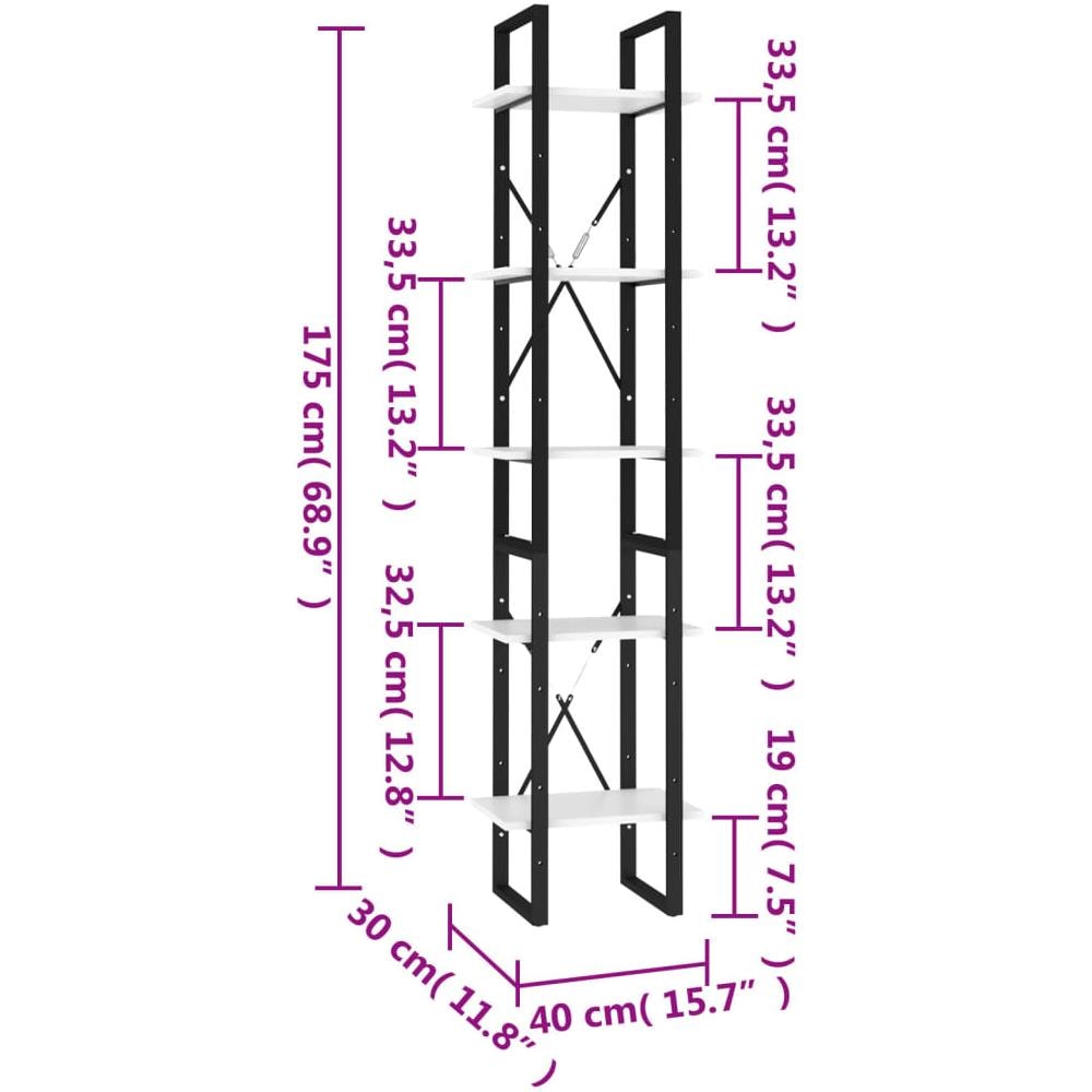 Libreria A 5 Ripiani Grigia 40x30x175 Cm In Legno Di Pino - Foto 7