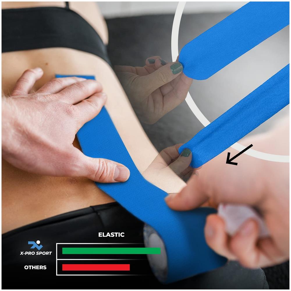 Nastro Kinesiologico 5m X 5cm, Kinesio Tape Con E-book Con Esempi Applicazione, Cerotto Muscolare, Taping Forte Resistente Elastico (2 X Blu) - Foto 2