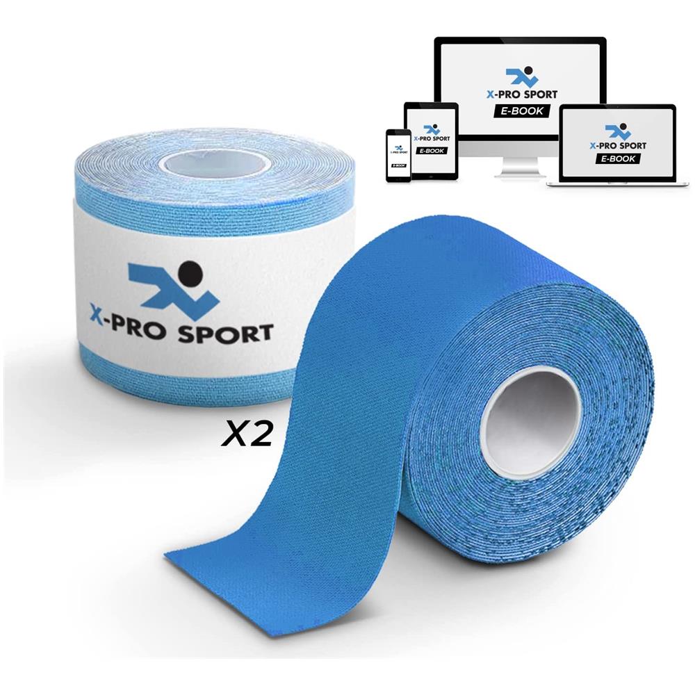 Nastro Kinesiologico 5m X 5cm, Kinesio Tape Con E-book Con Esempi Applicazione, Cerotto Muscolare, Taping Forte Resistente Elastico (2 X Blu) - Foto 1