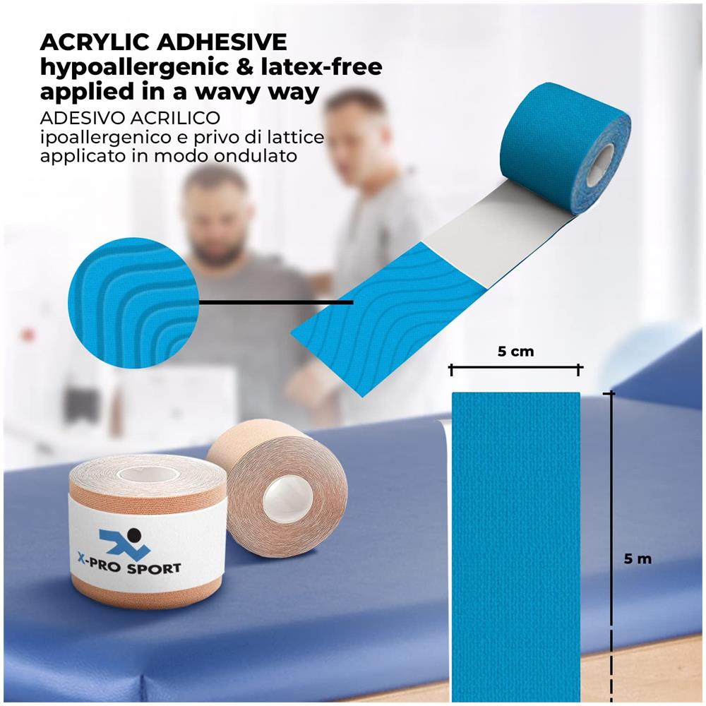 Nastro Kinesiologico 5m X 5cm, Kinesio Tape Con E-book Con Esempi Applicazione, Cerotto Muscolare, Taping Forte Resistente Elastico (2 X Blu) - Foto 6