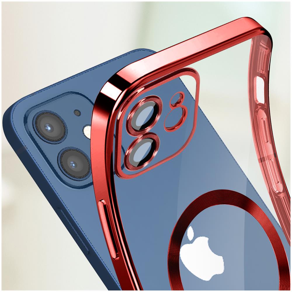 Cover Magsafe Per Iphone 12 Silicone Protezione Fotocamera Bordo Cromato Rosso - Foto 5