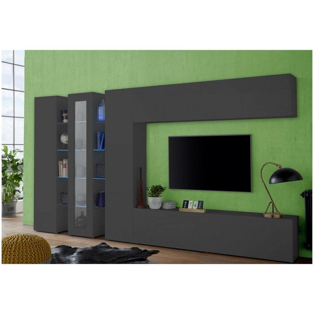 Parete Attrezzata Ivano, Set Salotto Porta Tv, Mobile Soggiorno Con Vetrina E Luce Led, 100% Made In Italy, Cm 320x30h180, Antracite - Foto 1