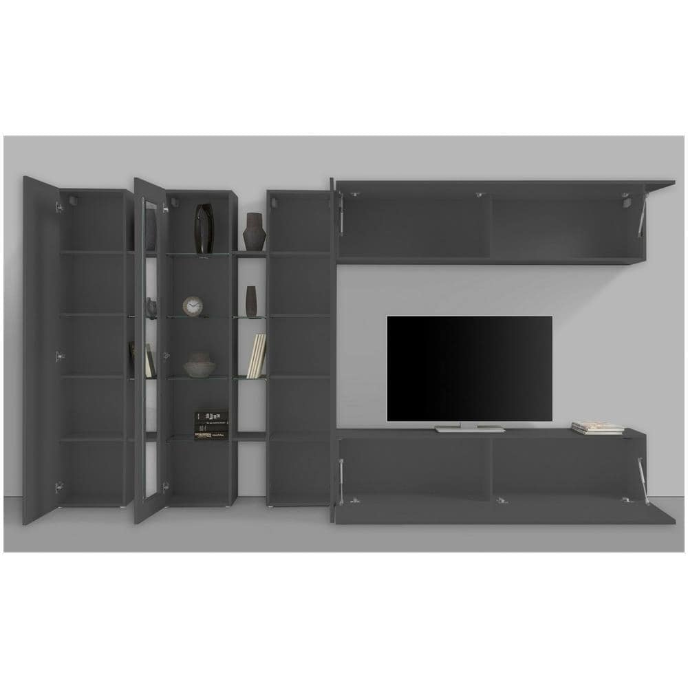 Parete Attrezzata Ivano, Set Salotto Porta Tv, Mobile Soggiorno Con Vetrina E Luce Led, 100% Made In Italy, Cm 320x30h180, Antracite - Foto 4