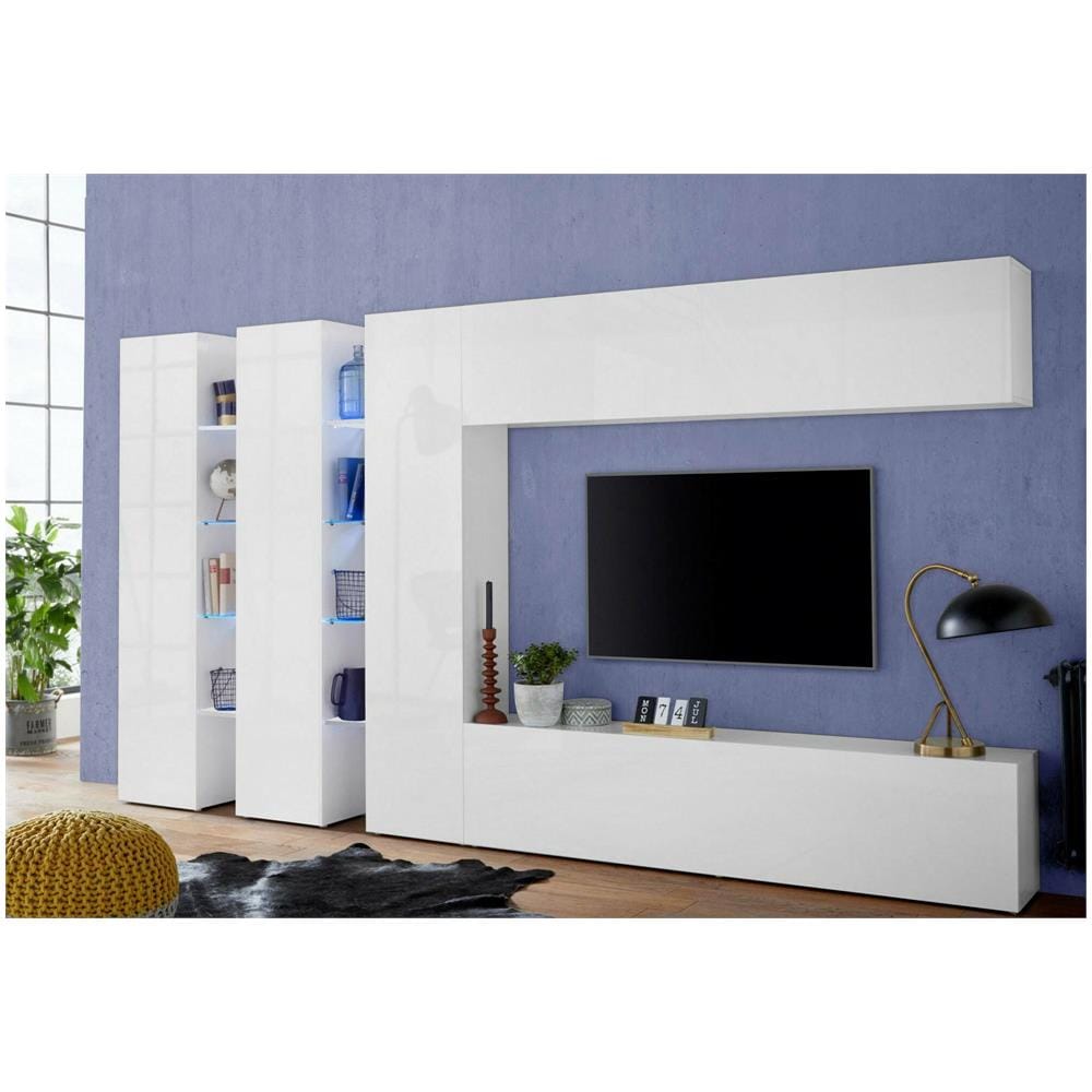 Parete Attrezzata Carmelo, Set Salotto Porta Tv A 5 Ante, Mobile Soggiorno Multiuso, 100% Made In Italy, Cm 340x30h180, Bianco Lucido - Foto 1