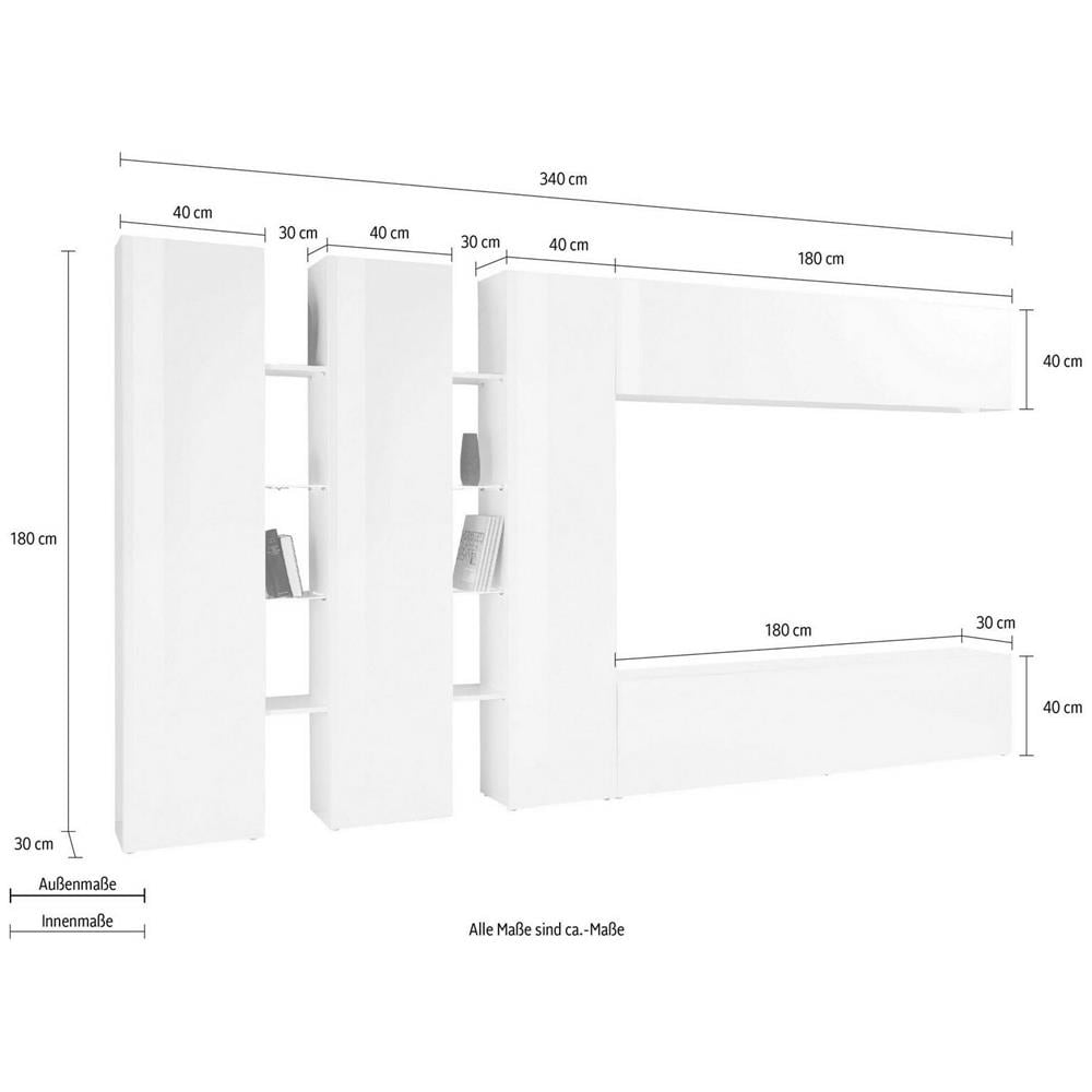 Parete Attrezzata Carmelo, Set Salotto Porta Tv A 5 Ante, Mobile Soggiorno Multiuso, 100% Made In Italy, Cm 340x30h180, Bianco Lucido - Foto 2