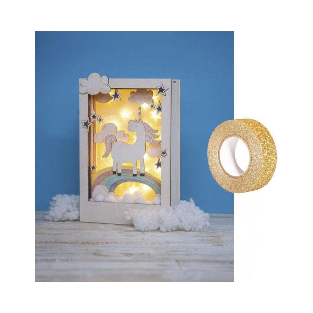 Cornice Decorativa In Legno Con Modello 3d 20 X 30 X 6,5 Cm Unicorno + Washi Tape Dorato 5 M - Foto 1