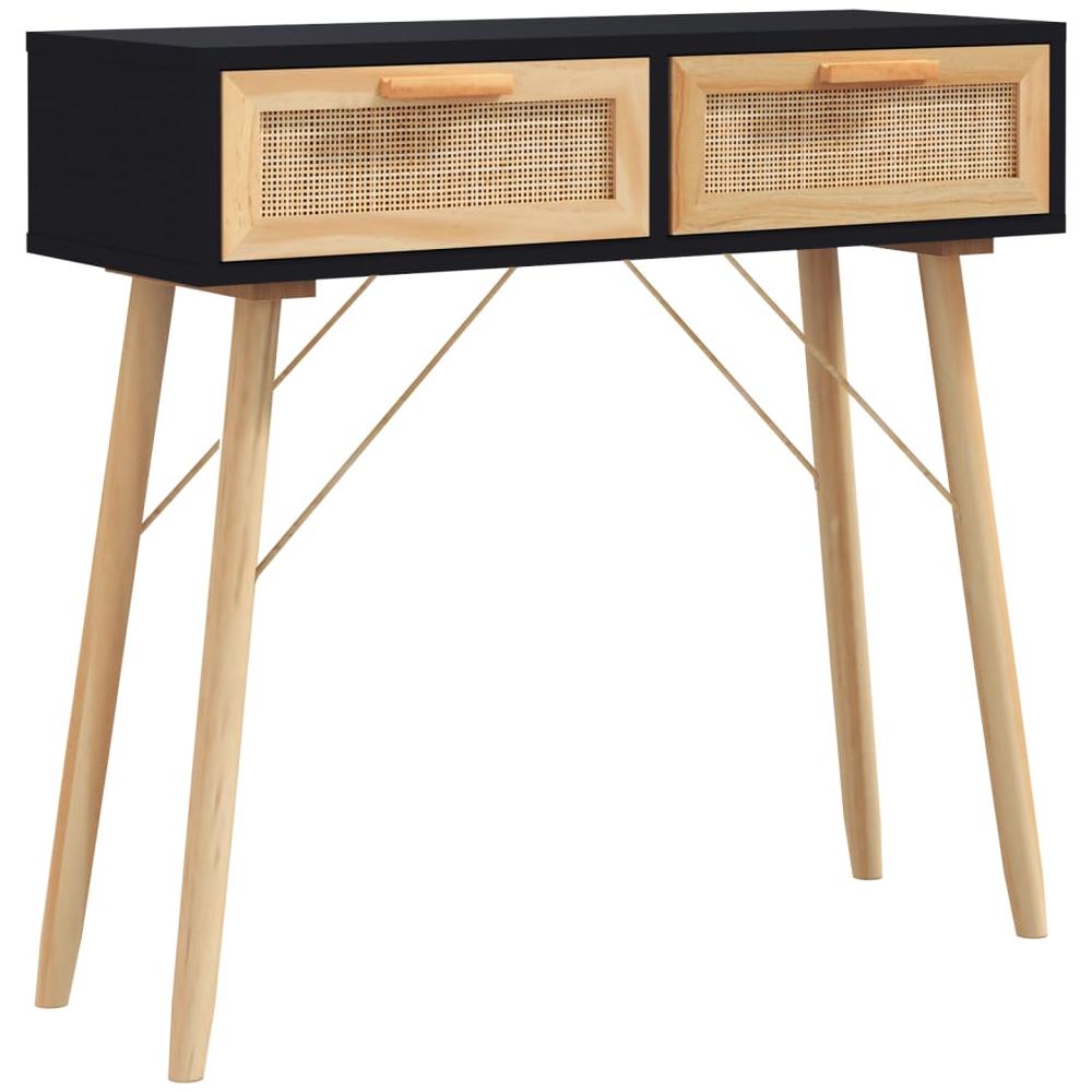 Tavolo Consolle Nero 80x30x75cm Massello Pino E Rattan Naturale - Foto 2