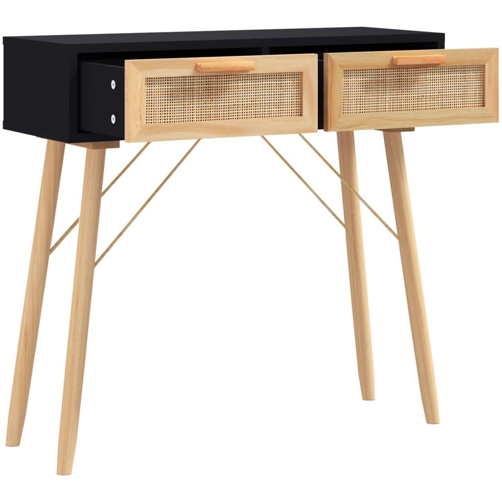 Tavolo Consolle Nero 80x30x75cm Massello Pino E Rattan Naturale - Foto 3