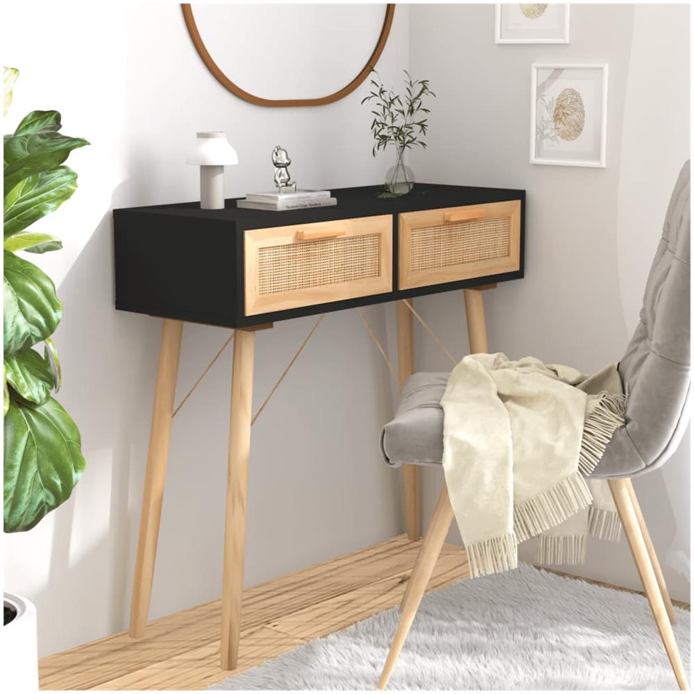 Tavolo Consolle Nero 80x30x75cm Massello Pino E Rattan Naturale - Foto 1