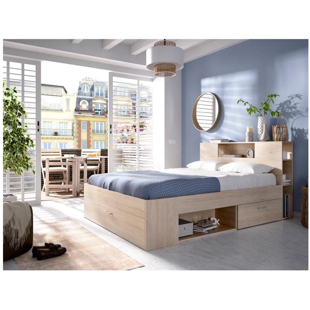 Vente-unique Letto LEANDRE Con Contenitore 140x190 Cm - Testata Con Vani, 2 Cassetti, 9 Nicchie E Baule Ai Piedi + Rete A Doghe Inclusa, Colore Naturale - 3