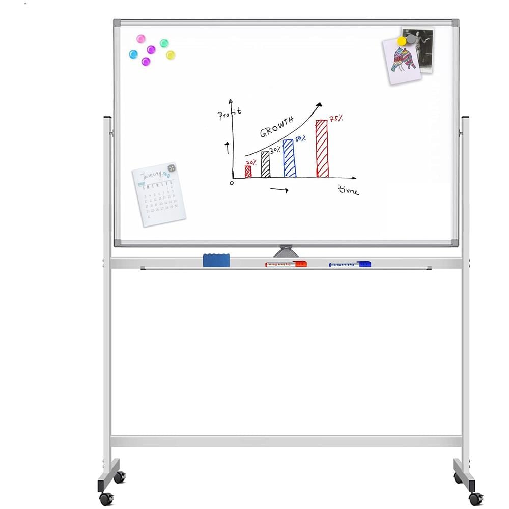 Lavagna Magnetica Bifacciale 90x120 Cm Con Ruote E Mensola Per Pennarelli Con Ganci Portablocco - Foto 2