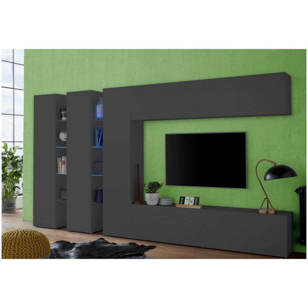 Parete Attrezzata Carmelo, Set Salotto Porta Tv A 5 Ante, Mobile Soggiorno Multiuso, 100% Made In Italy, Cm 340x30h180, Antracite - Foto 1