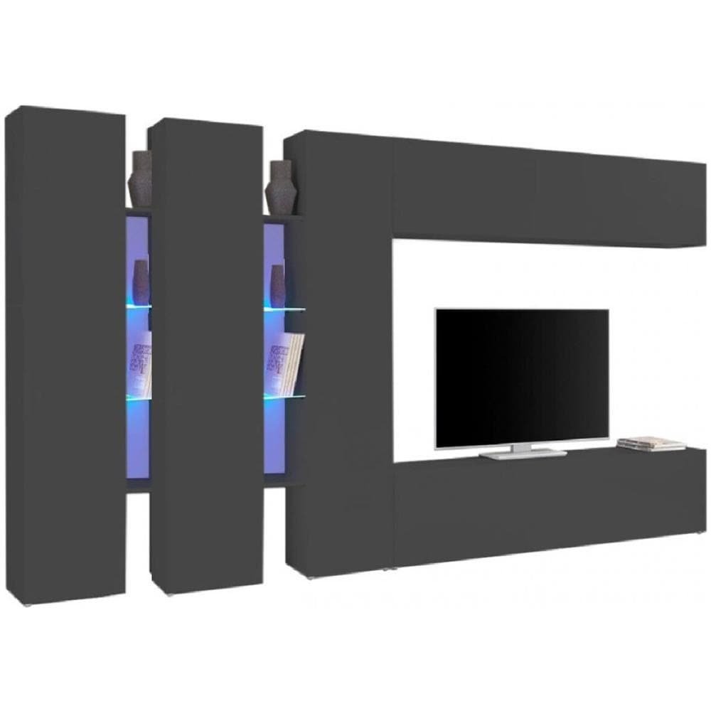 Parete Attrezzata Carmelo, Set Salotto Porta Tv A 5 Ante, Mobile Soggiorno Multiuso, 100% Made In Italy, Cm 340x30h180, Antracite - Foto 2
