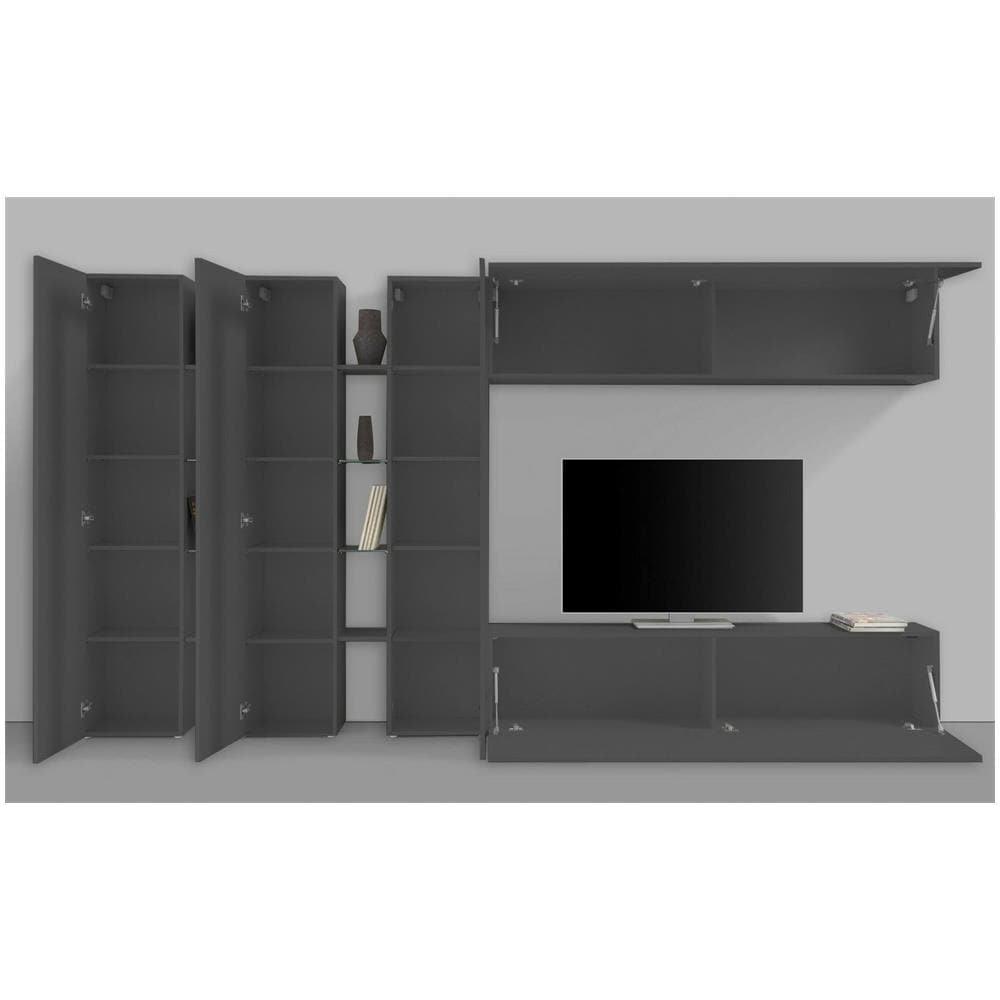 Parete Attrezzata Carmelo, Set Salotto Porta Tv A 5 Ante, Mobile Soggiorno Multiuso, 100% Made In Italy, Cm 340x30h180, Antracite - Foto 4