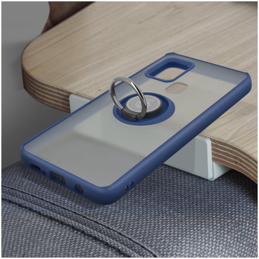 Cover Samsung Galaxy A21s Bimateriale Anello In Metallo Funzione Supporto Blu - Foto 5
