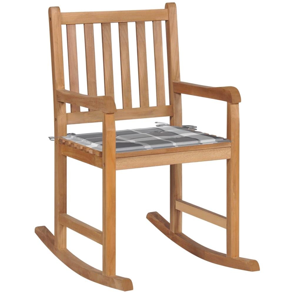 Sedia A Dondolo Con Cuscino Grigio A Quadri In Massello Di Teak - Foto 1