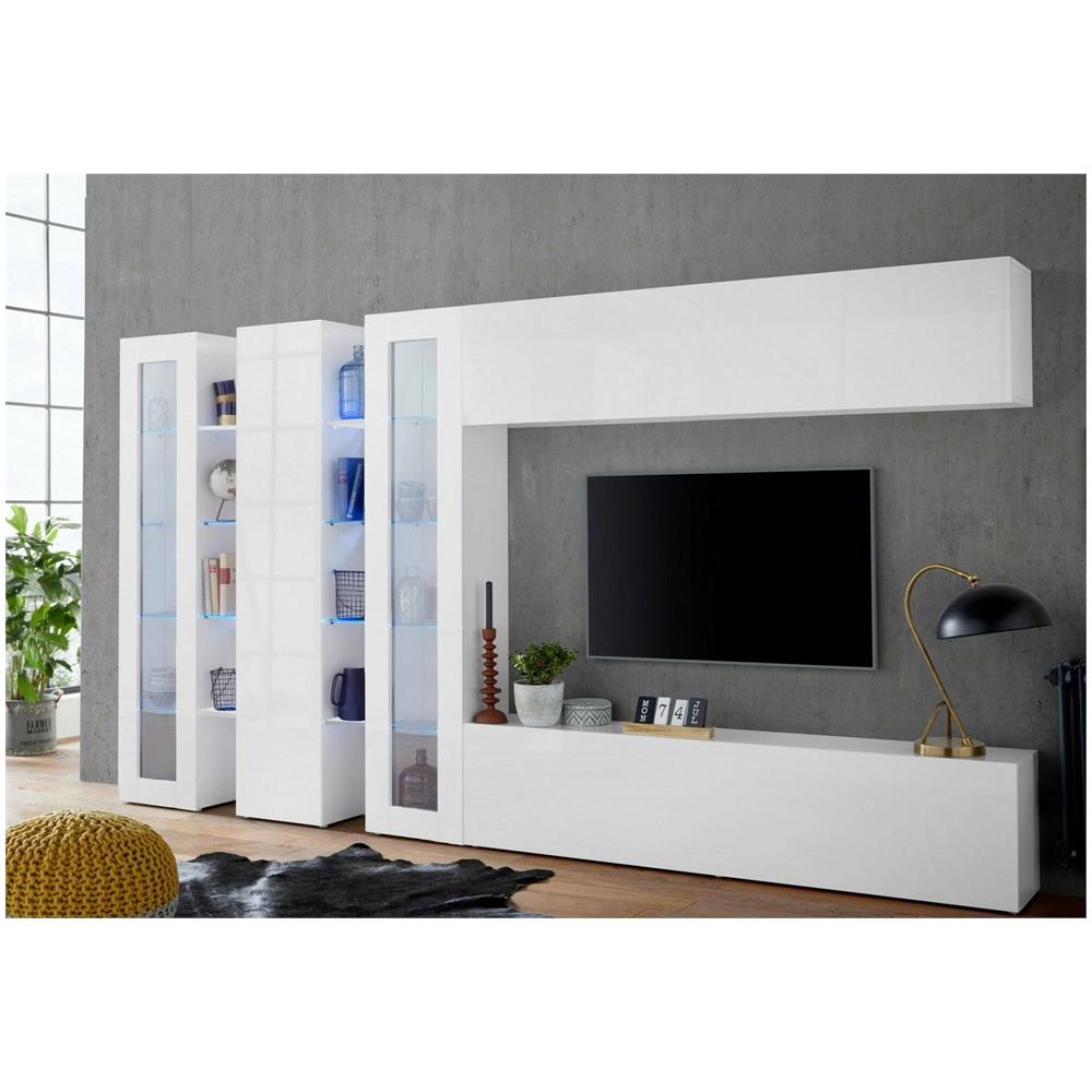 Parete Attrezzata Clemente, Set Salotto Porta Tv A 5 Ante, Mobile Soggiorno Multiuso, 100% Made In Italy, Cm 340x30h180, Bianco Lucido - Foto 1