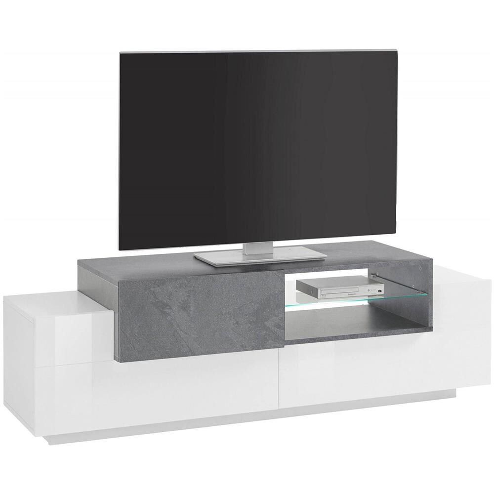 Mobile Porta Tv Pablo, Credenza Bassa Da Soggiorno, Base Porta Tv, 100% Made In Italy, Cm 160x45h51, Bianco Lucido E Cemento - Foto 4