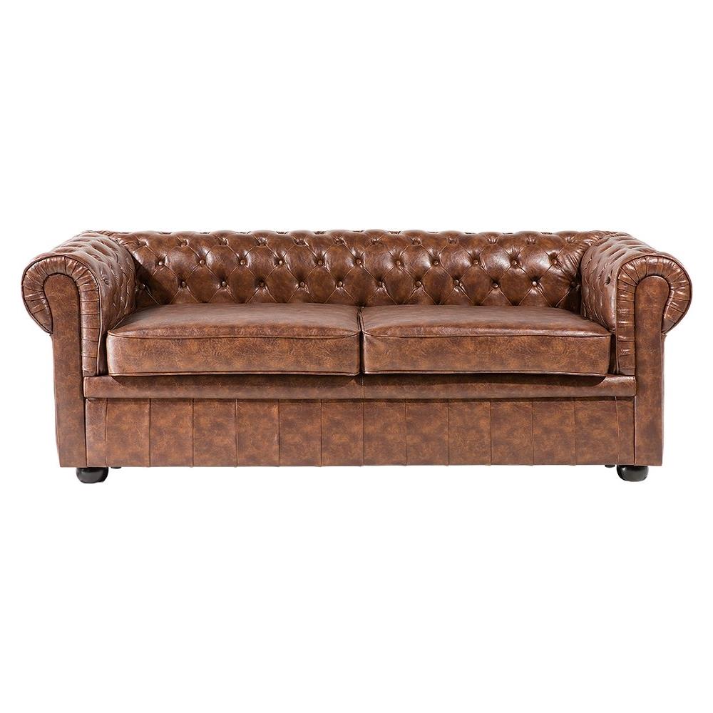 Divano Vintage A 3 Posti In Pelle Sintetica Marrone Invecchiato Chesterfield - Foto 1