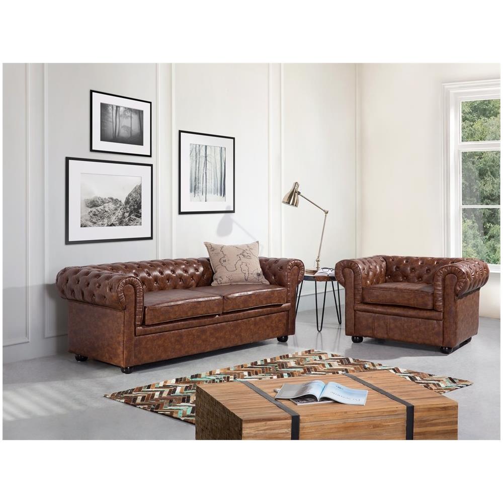 Divano Vintage A 3 Posti In Pelle Sintetica Marrone Invecchiato Chesterfield - Foto 2