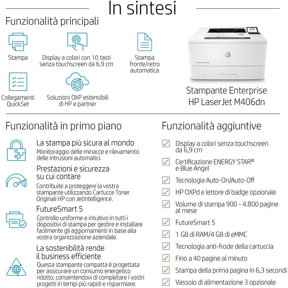 LaserJet Enterprise Stampante Enterprise LaserJet M406dn, Bianco e nero, Stampante per Aziendale, Stampa, Compatta; Avanzate funzionalità di sicurezza; Stampa fronte /retro; Efficienza energetica; Stampa da porta USB frontale - Foto 26
