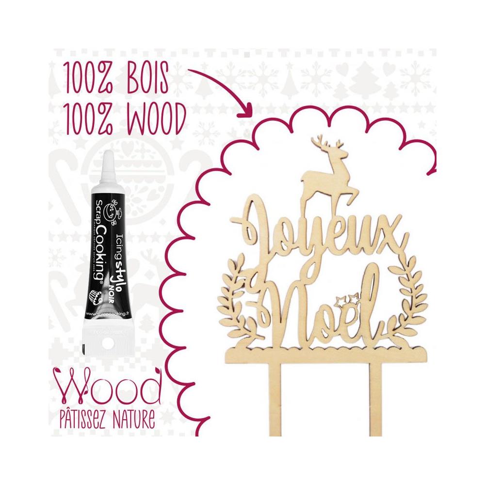Cake Topper In Legno Joyeux Noël (en Français) + Penna Per Glassa Nera - Foto 2