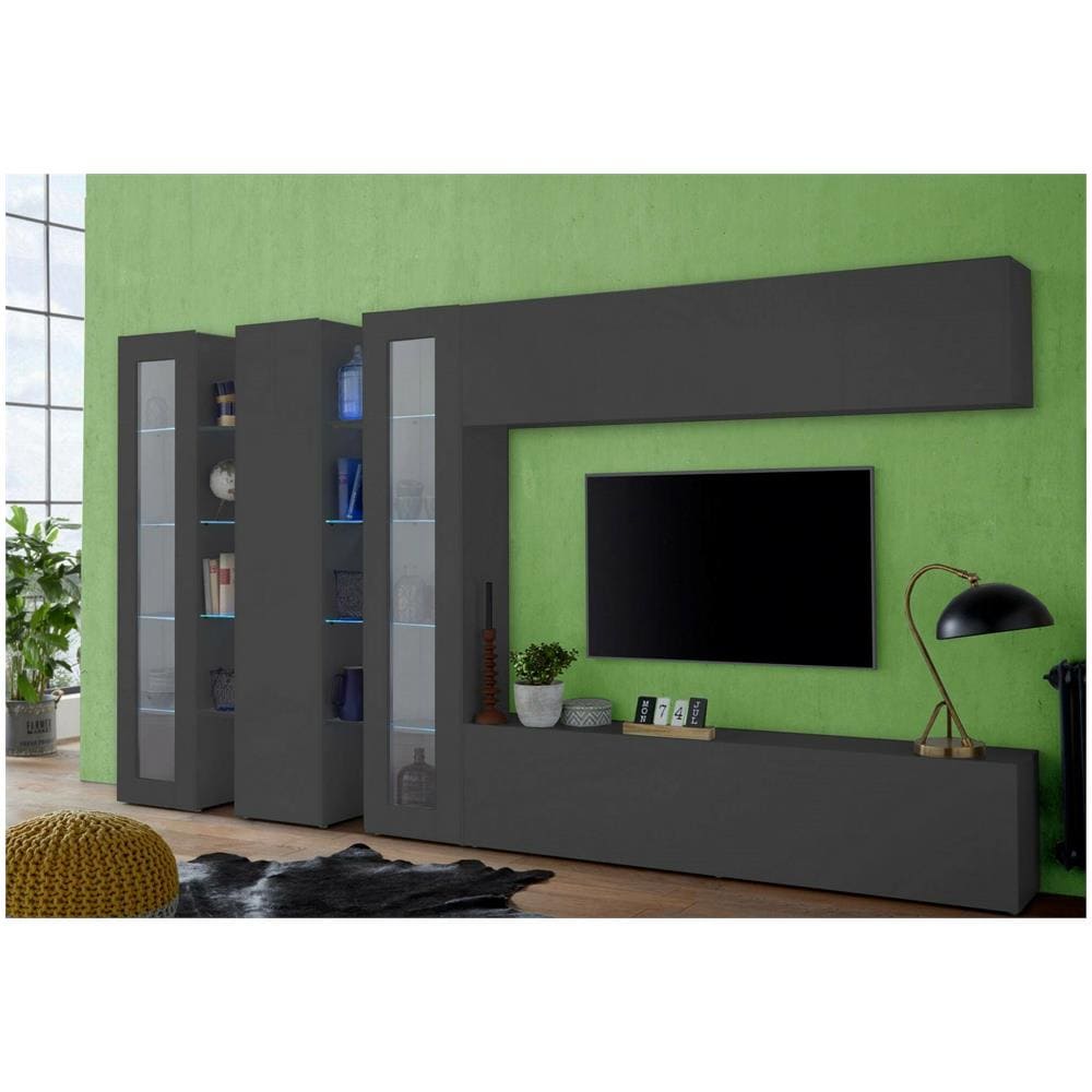Parete Attrezzata Clemente, Set Salotto Porta Tv A 5 Ante, Mobile Soggiorno Multiuso, 100% Made In Italy, Cm 340x30h180, Antracite - Foto 1